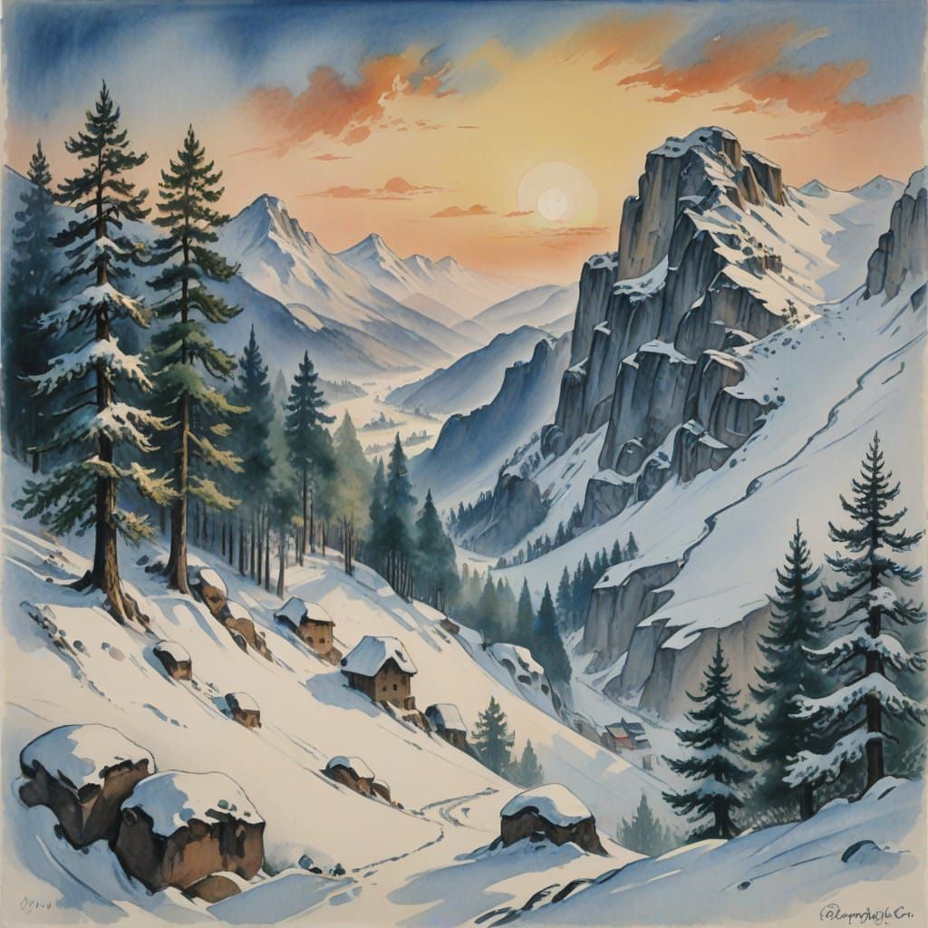 Serene Winter Mountain Scene with High Snow and Sunrise