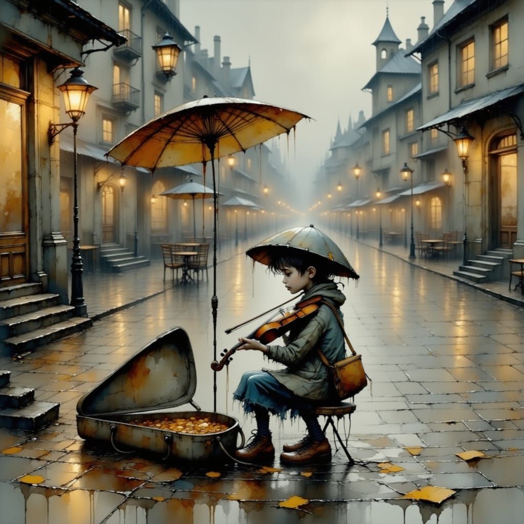 Young Violinist Plays in Rainy City, Ink Art