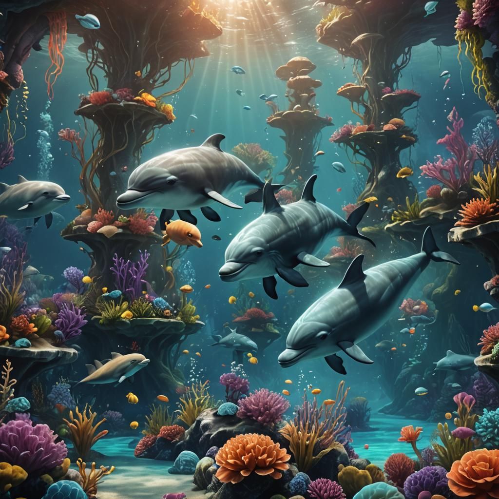 Porpoises in a Magical Underwater Fantasy Garden