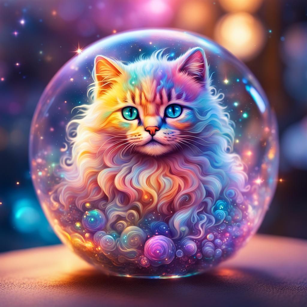 Fluffy Kitten in Glass Shell: Holographic Illustration