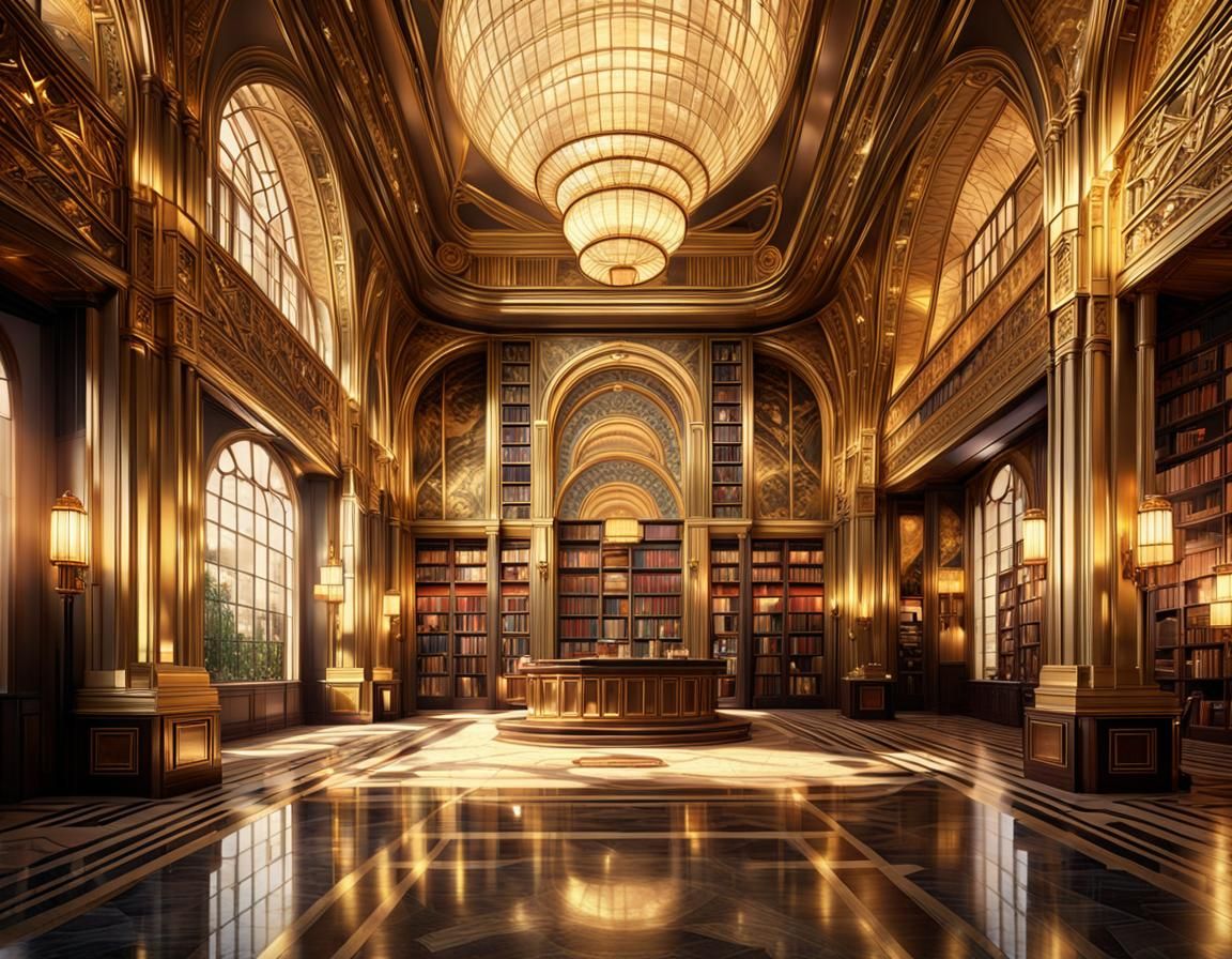 Opulent Art Deco Library with Golden Lighting