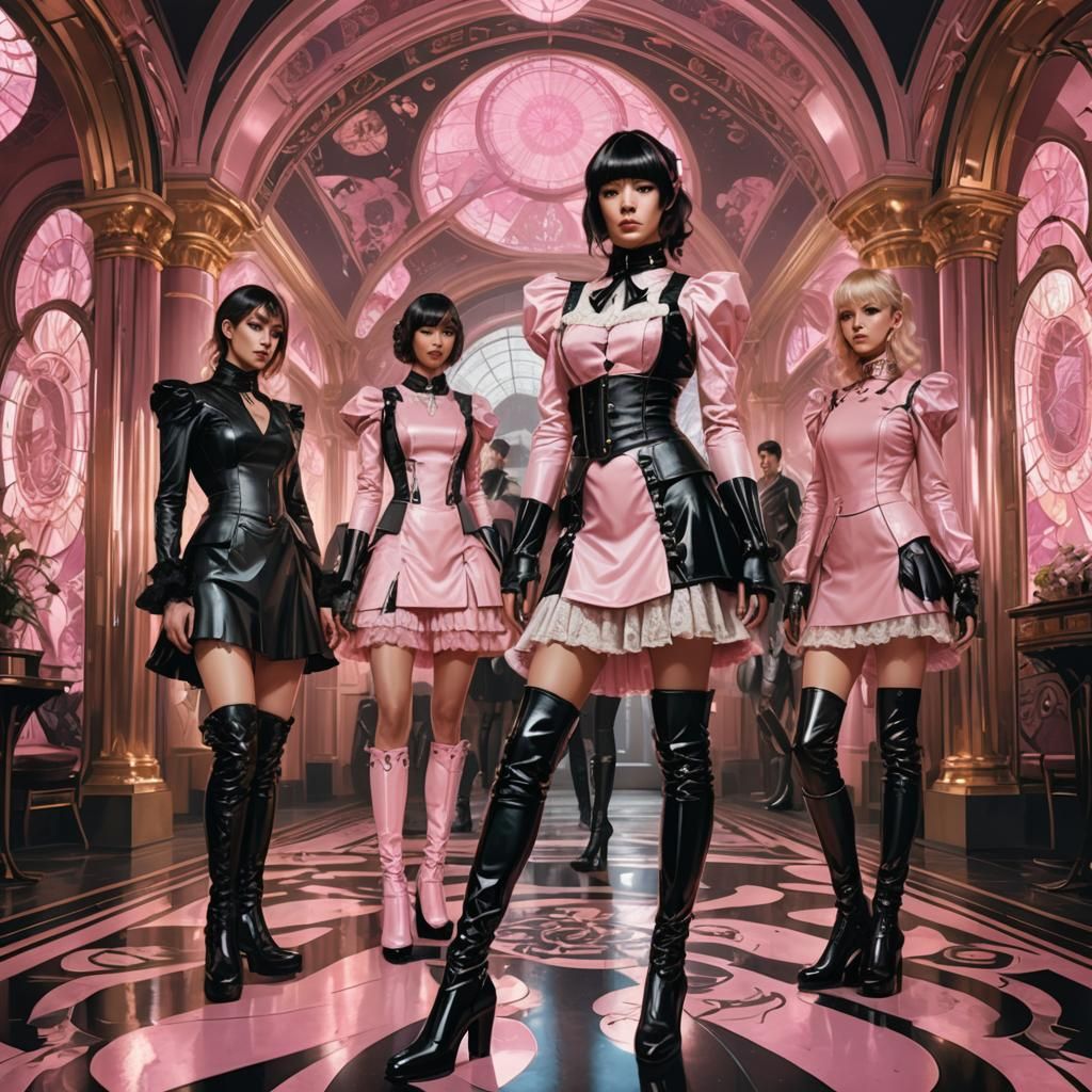 Cyberpunk Maid Surrounded by Leather-Clad AI Girlfriends