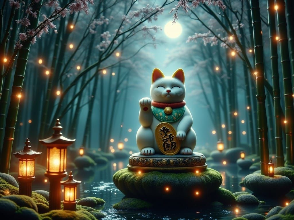 Mystical Lucky Cat in Moonlit Bamboo Forest