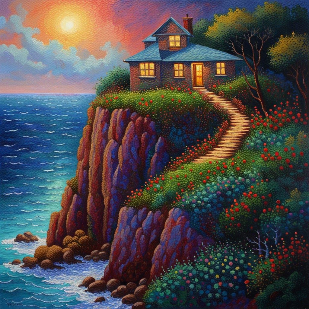 Oceanfront House in Pointillist Impressionism Style