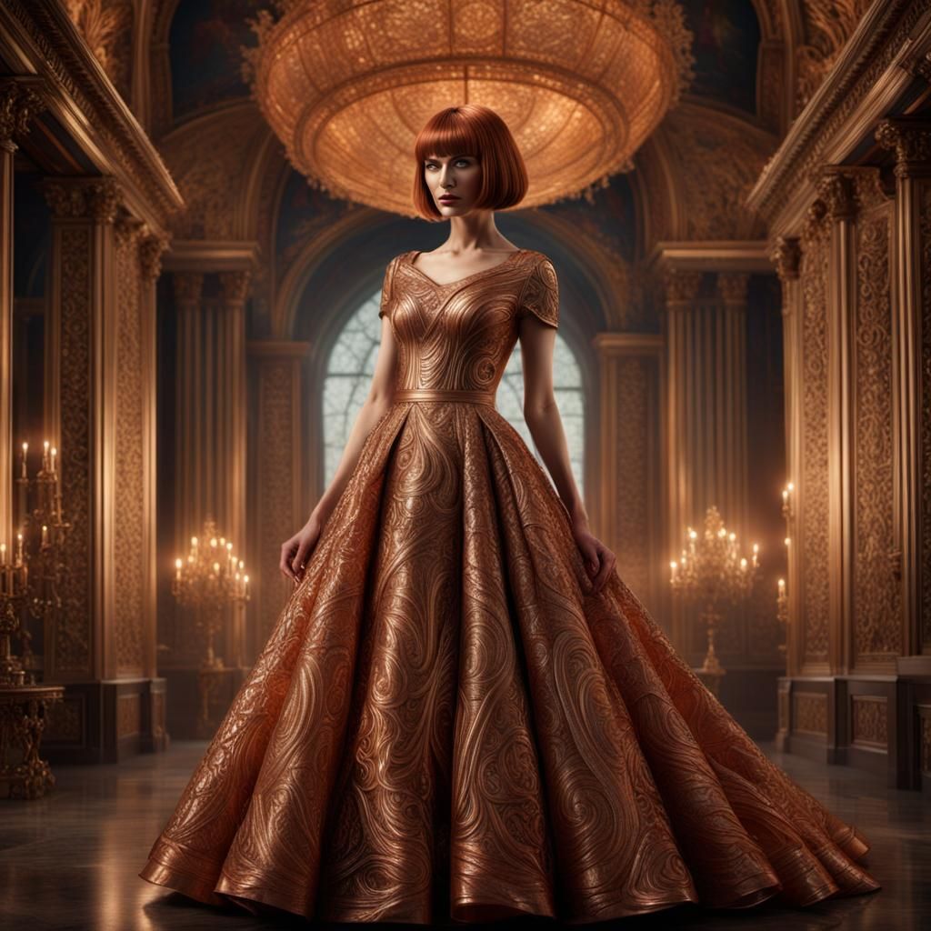 Copper Wire Woman in Ornate Gown: Digital Art
