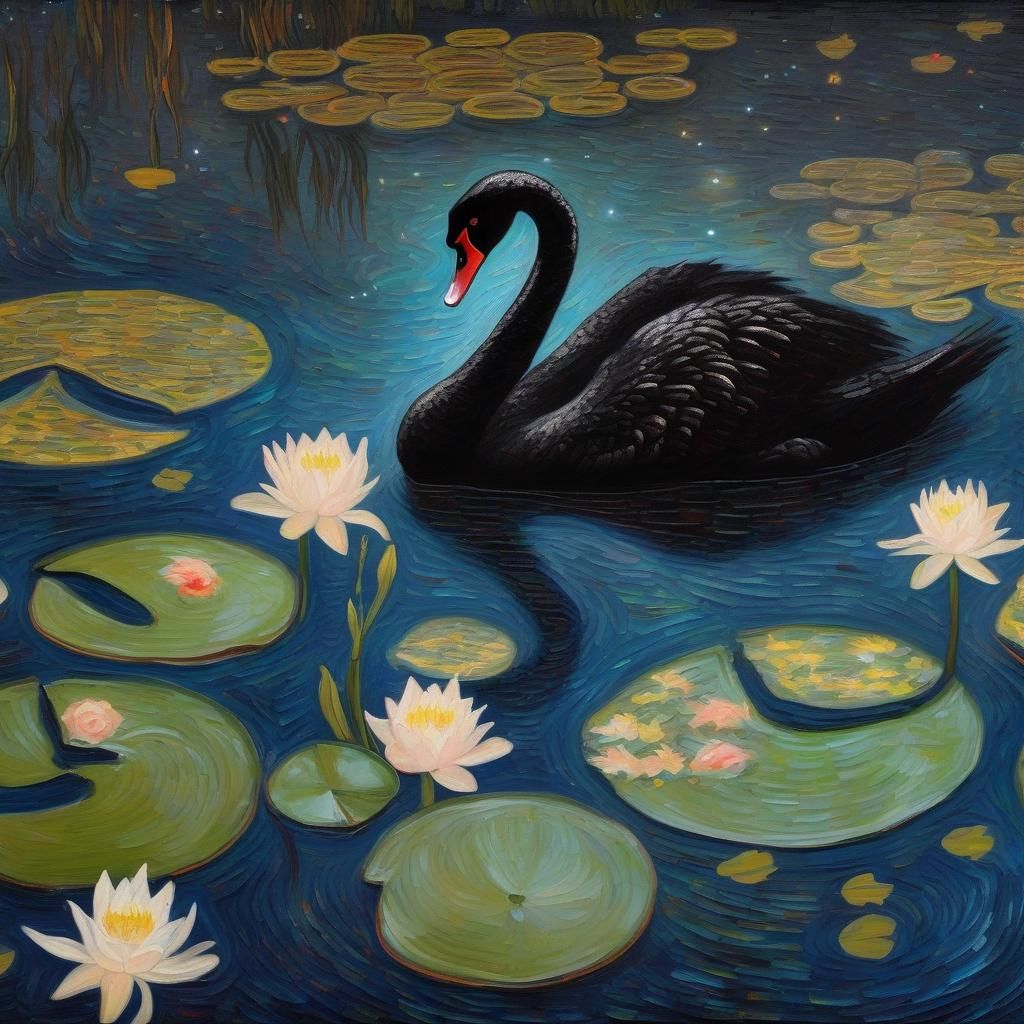 Black Swan in Starry Lily Pond: Van Gogh Style