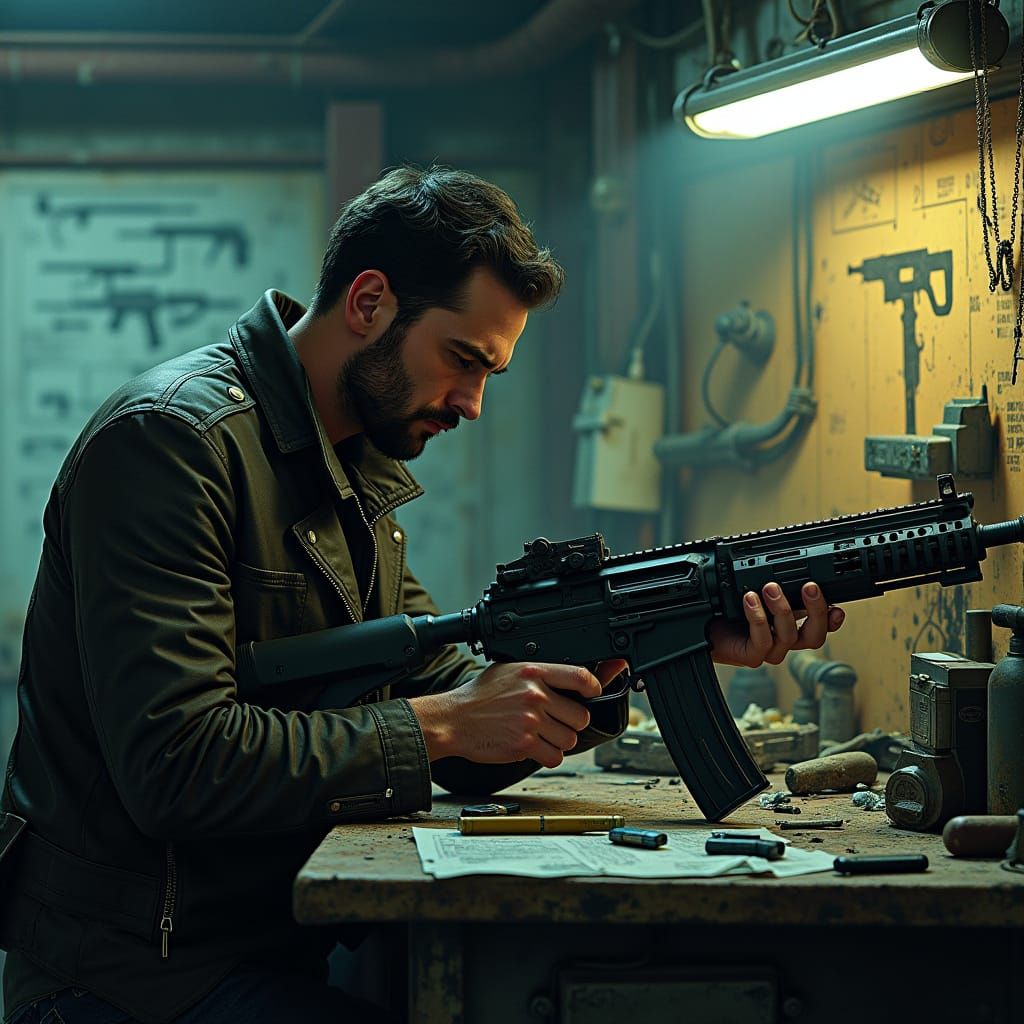 Cyberpunk Hideout: Man Assembling Rifle