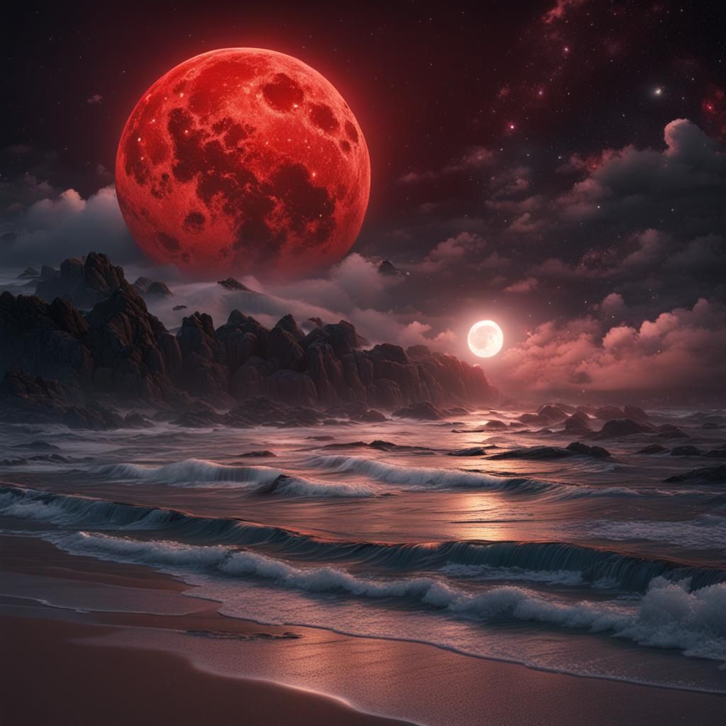 Fantastical Beach with Red Moon and Stars