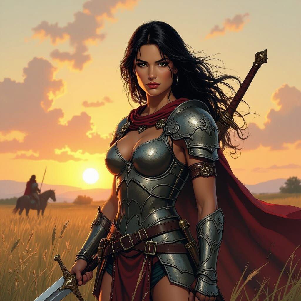 Female Warrior with Sword on Battlefield as Fantasy Art
