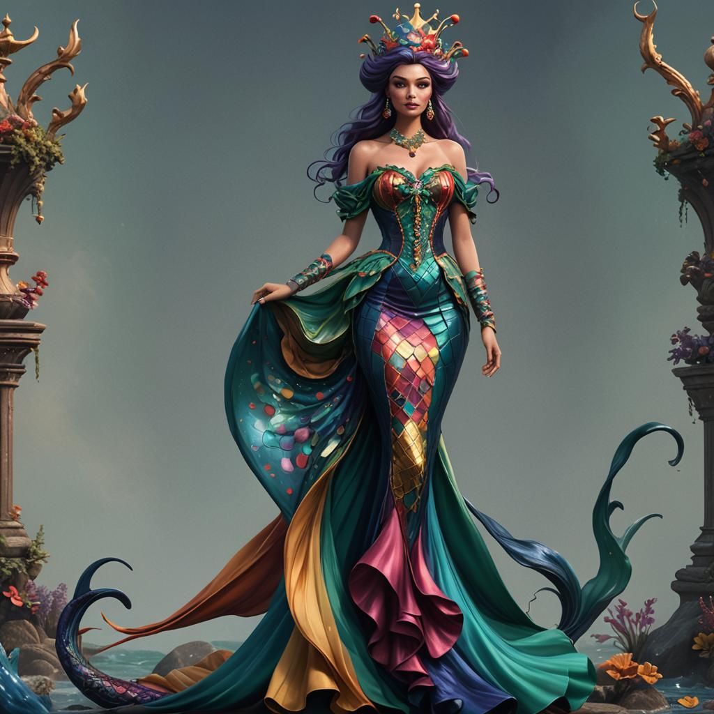 Harlequin Mermaid in Gown with Flowing Tails