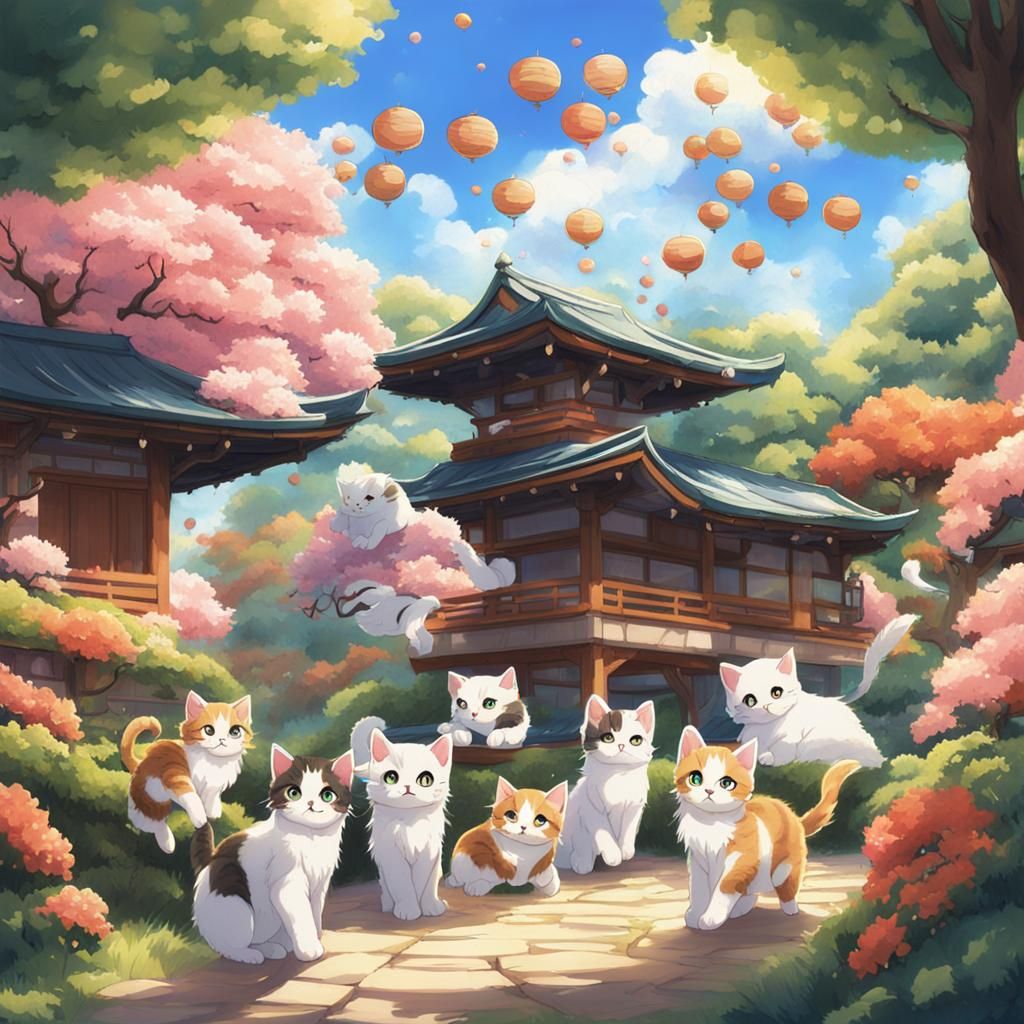 swarm of flying cute cuddly kittens over a Japanese garden by artist "anime", Anime Key Visual, Japanese Manga, Pixiv, Z...