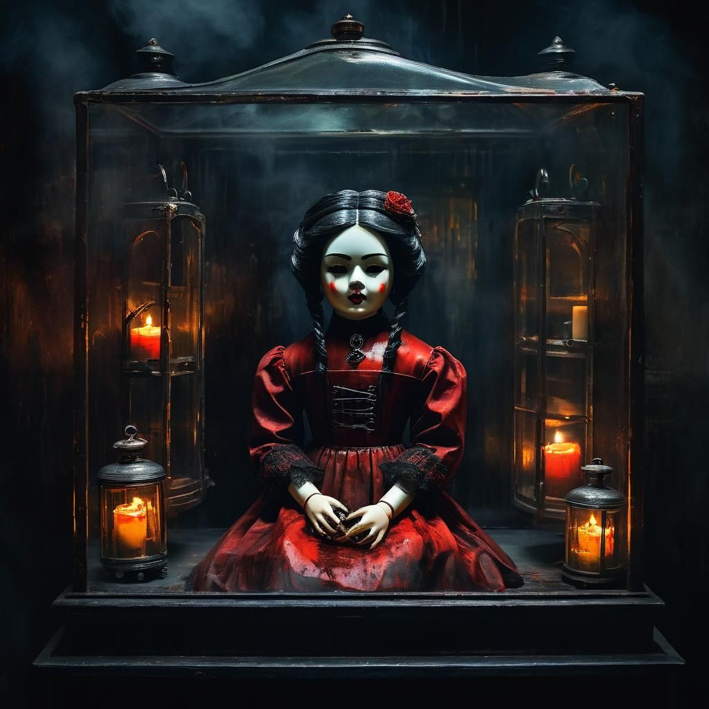 Haunted Doll in Glass Case, Oil Painting