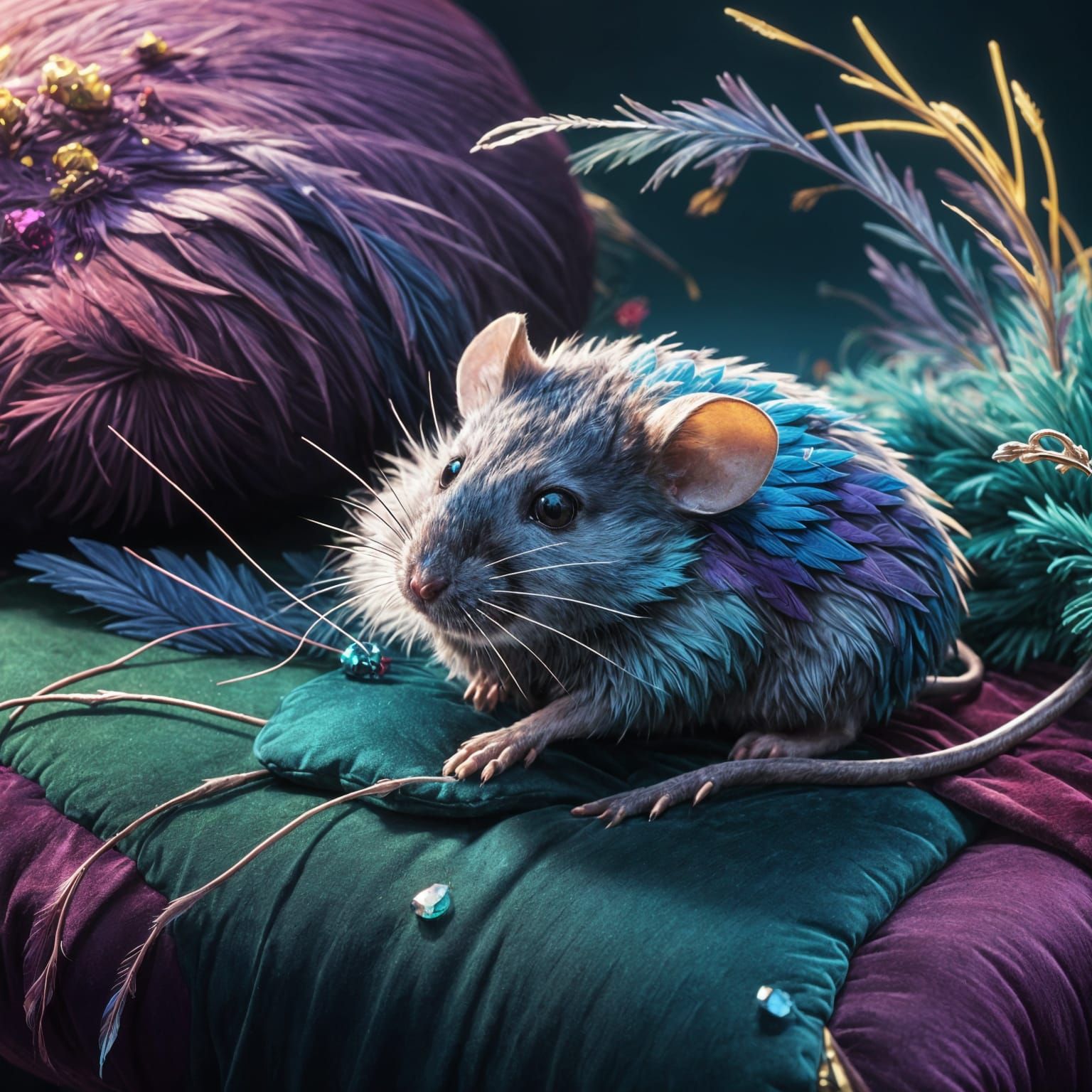 Feathery Mouse with Gemstone Tail: Detailed Matte Painting
