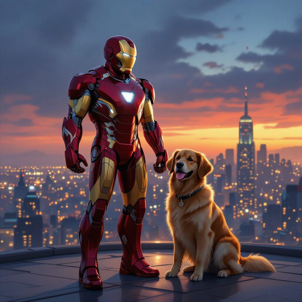 Ironman and Golden Retriever on Futuristic Rooftop