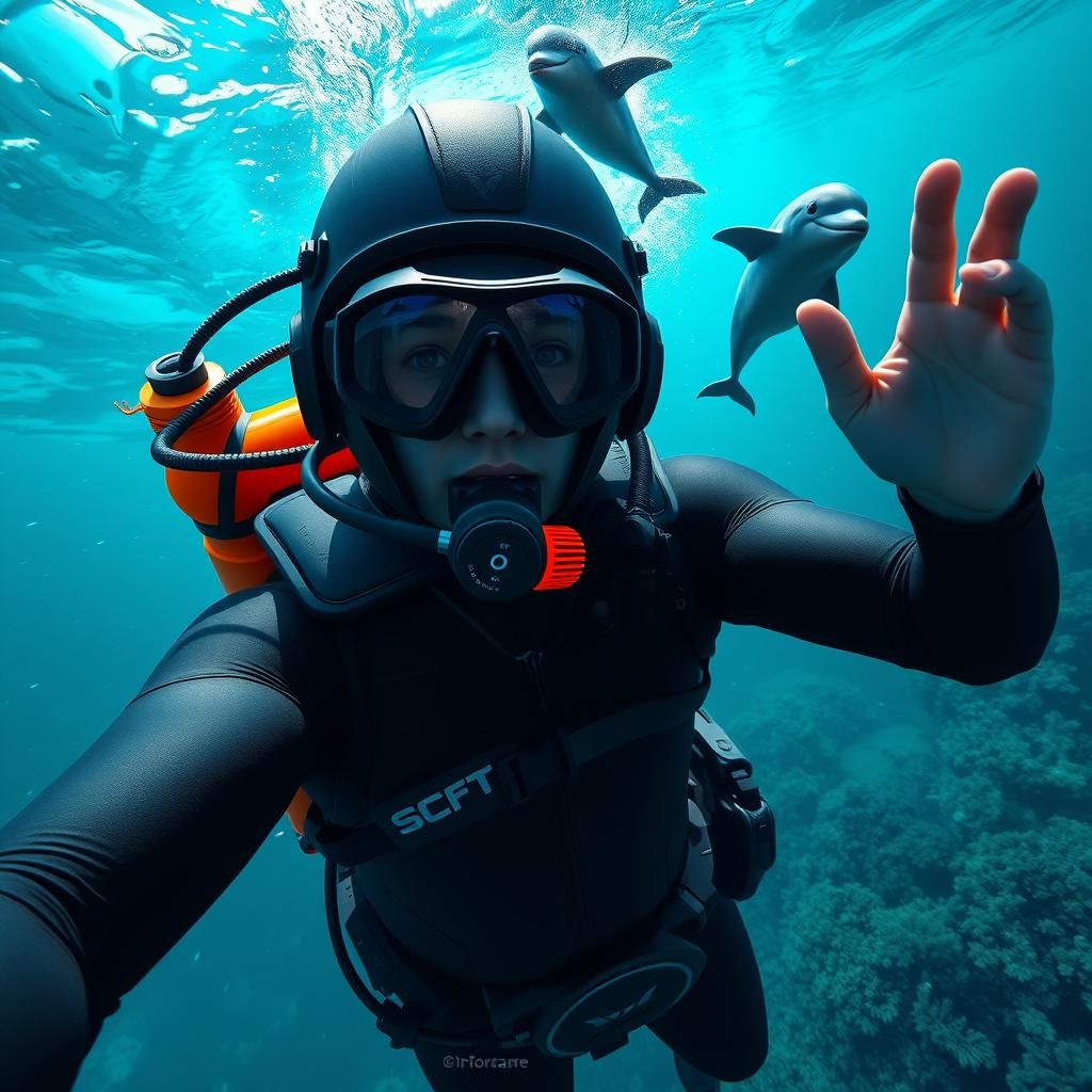 Diver's Underwater Selfie with Dolphin in Digital Painting S...