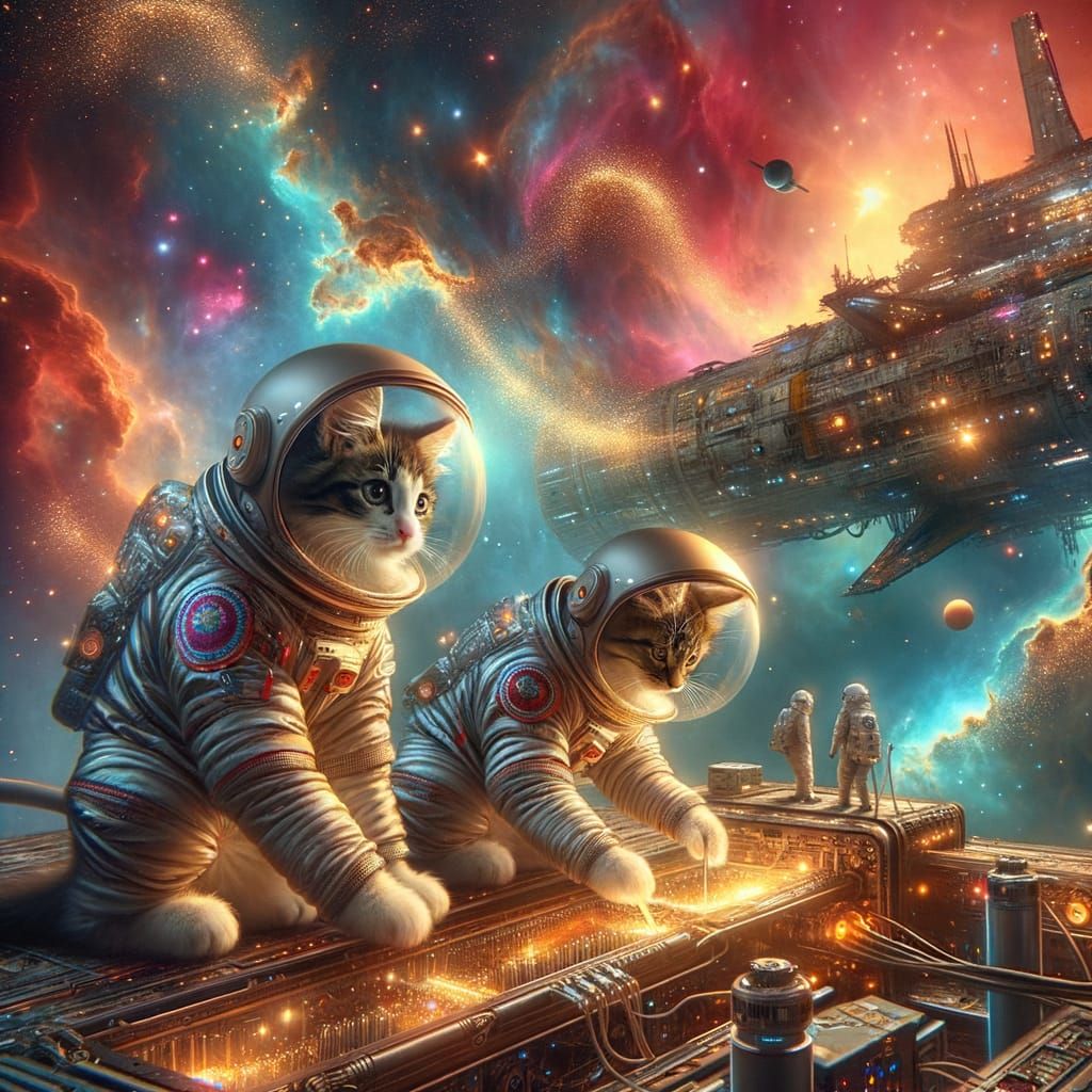 Kittens repairing their spaceship in front of a colourful nebula