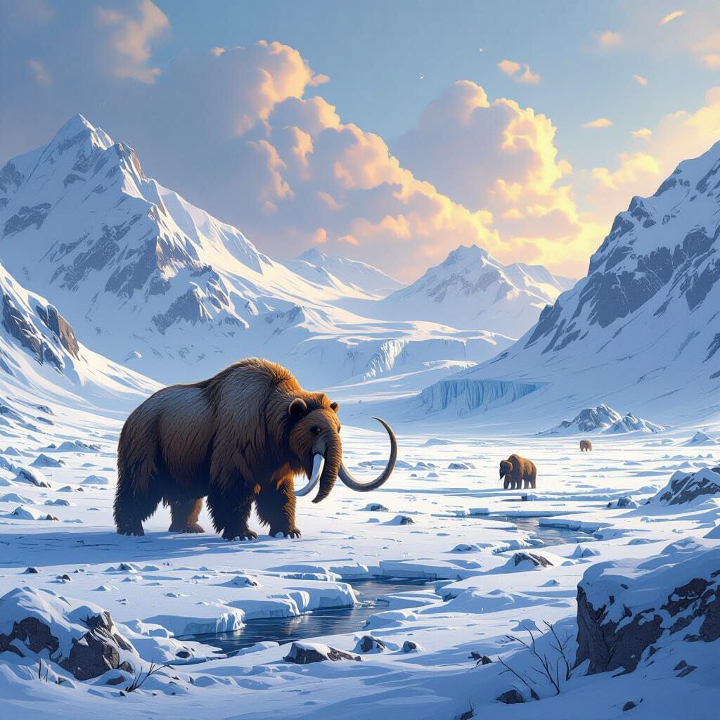 Mammoth in Icy Landscape: Retro-Futuristic Digital Art