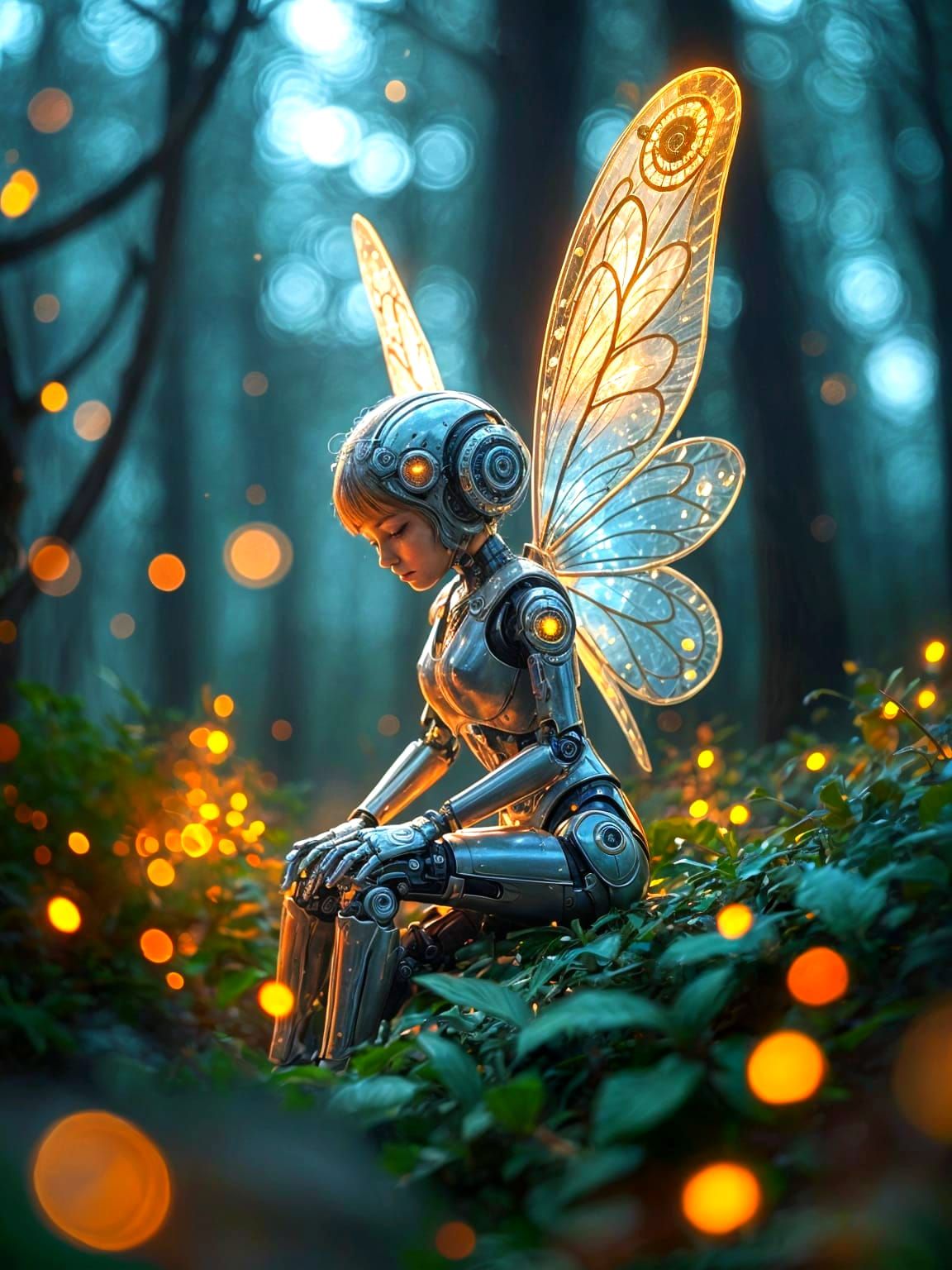 An intricate digital illustration of a cyborg robot fairy