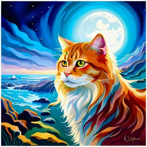 Majestic Cat Contemplates the Sea at Night