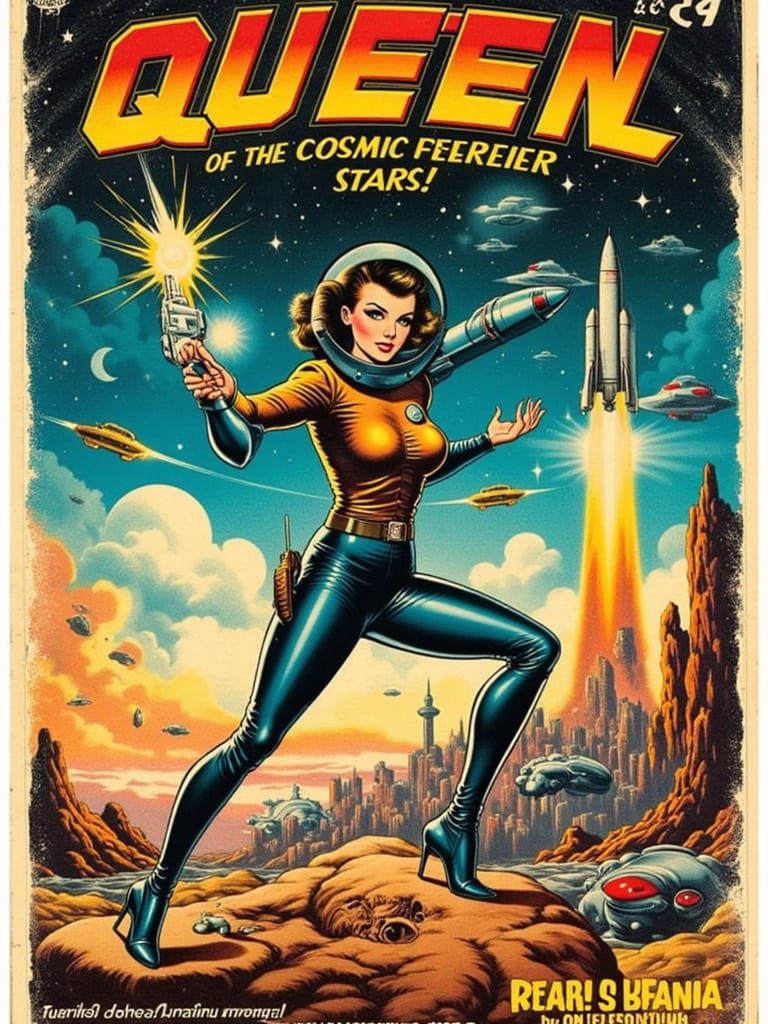Retro Sci-Fi Comic Cover: Queen of the Cosmic Frontier
