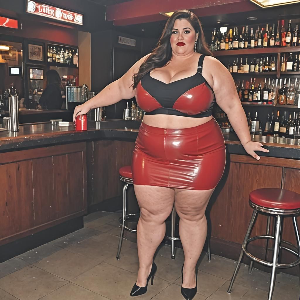 Curvaceous Woman with Red Skirt at Bar