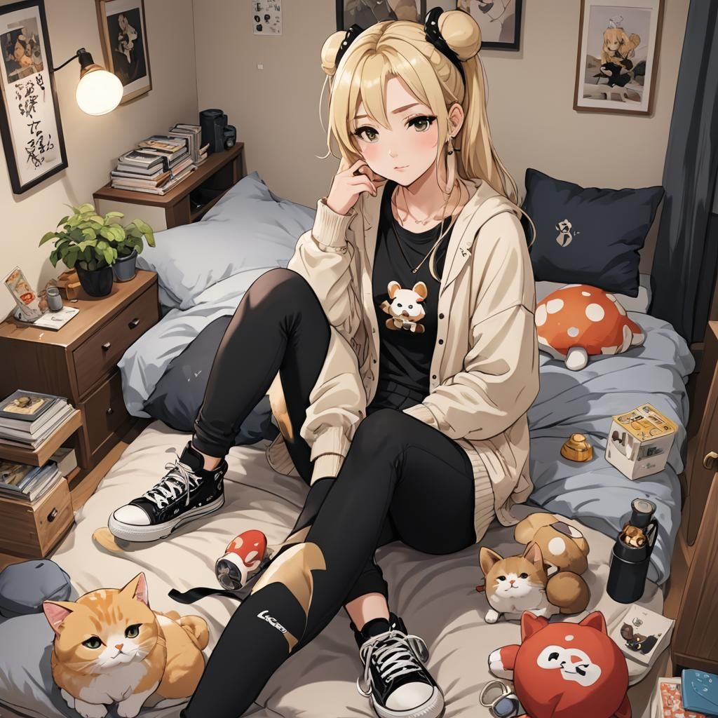 Girl in Mushroom Outfit with Cat, in Anime Style