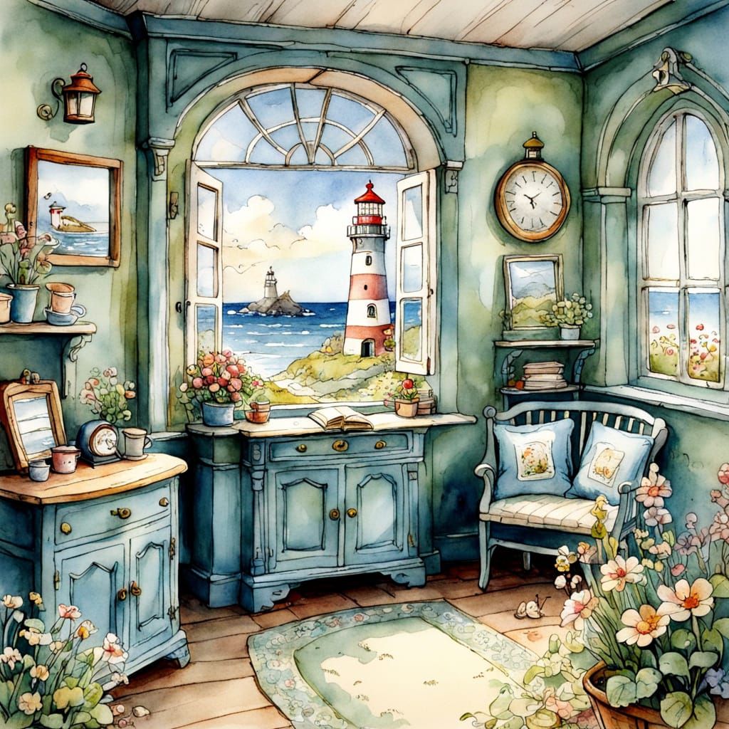 Charming Lighthouse Scene in Brambly Hedge Style