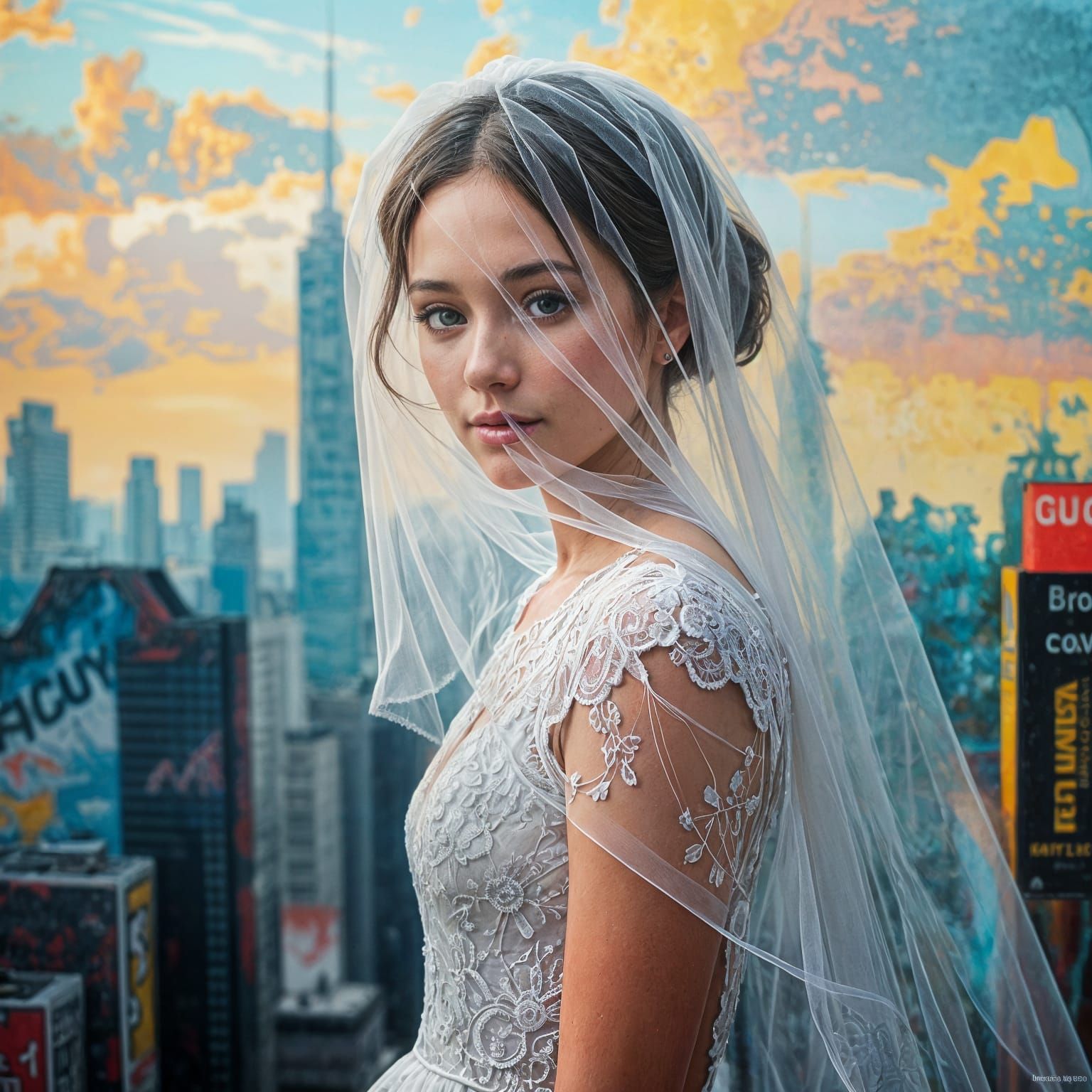 A Shy Young Bride in Vibrant Graffiti Style