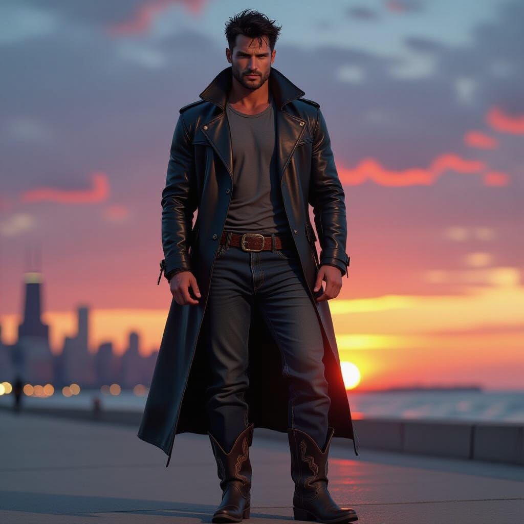 Chicago Man at Sunset in Cyberpunk Style