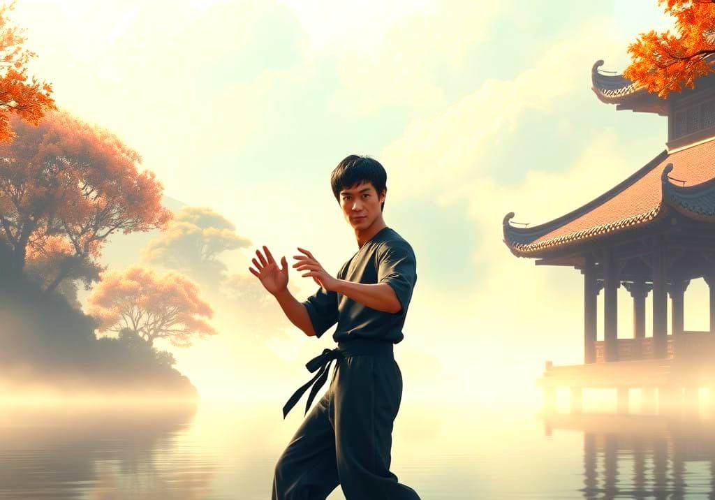 Bruce Lee in Elegant Martial Arts Pose, Standing by Serene L...