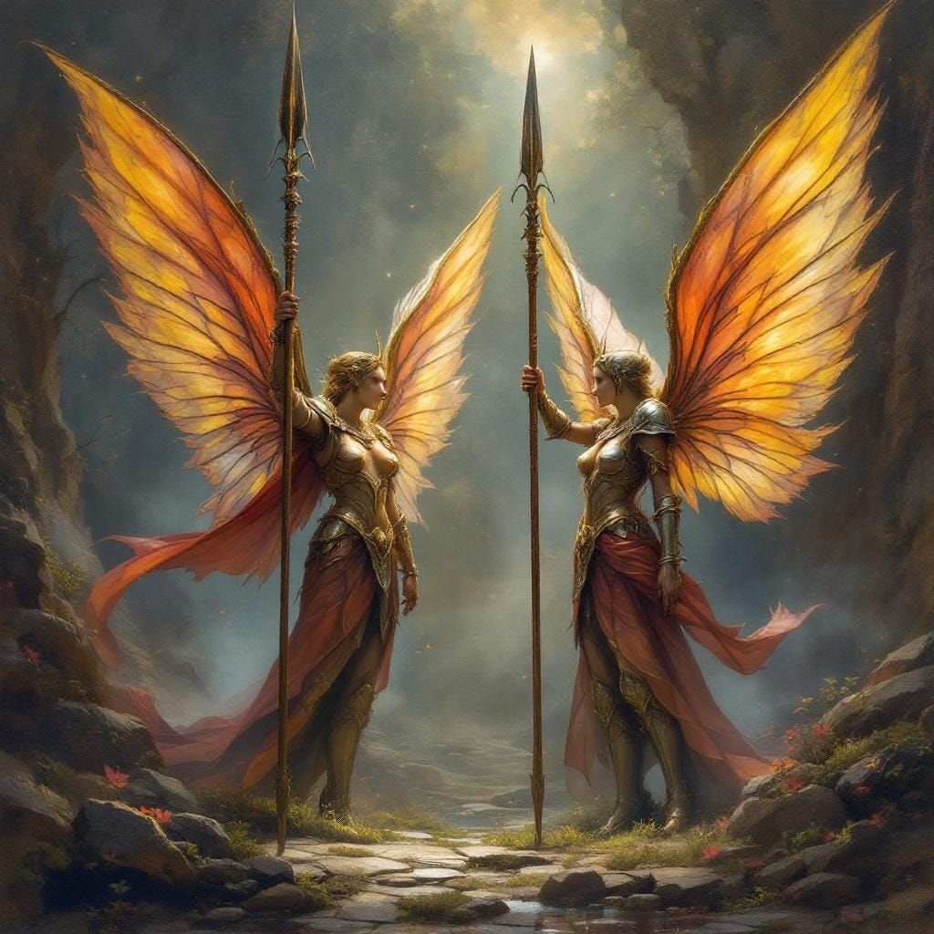 Two watchful fairy royal guards holding spears aloft ready t...