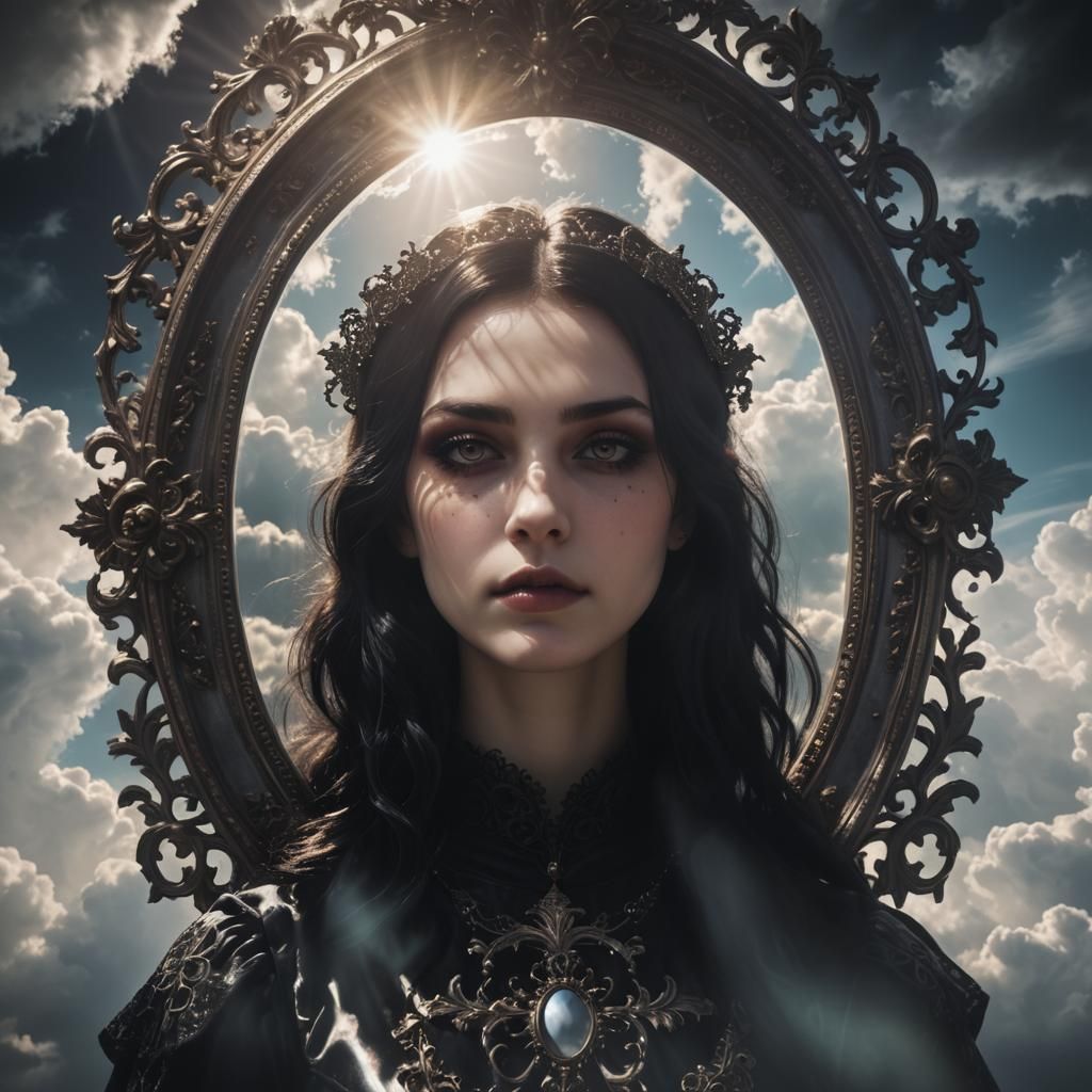 Shadowy Goth Girl Reflected in Ornate Mirror