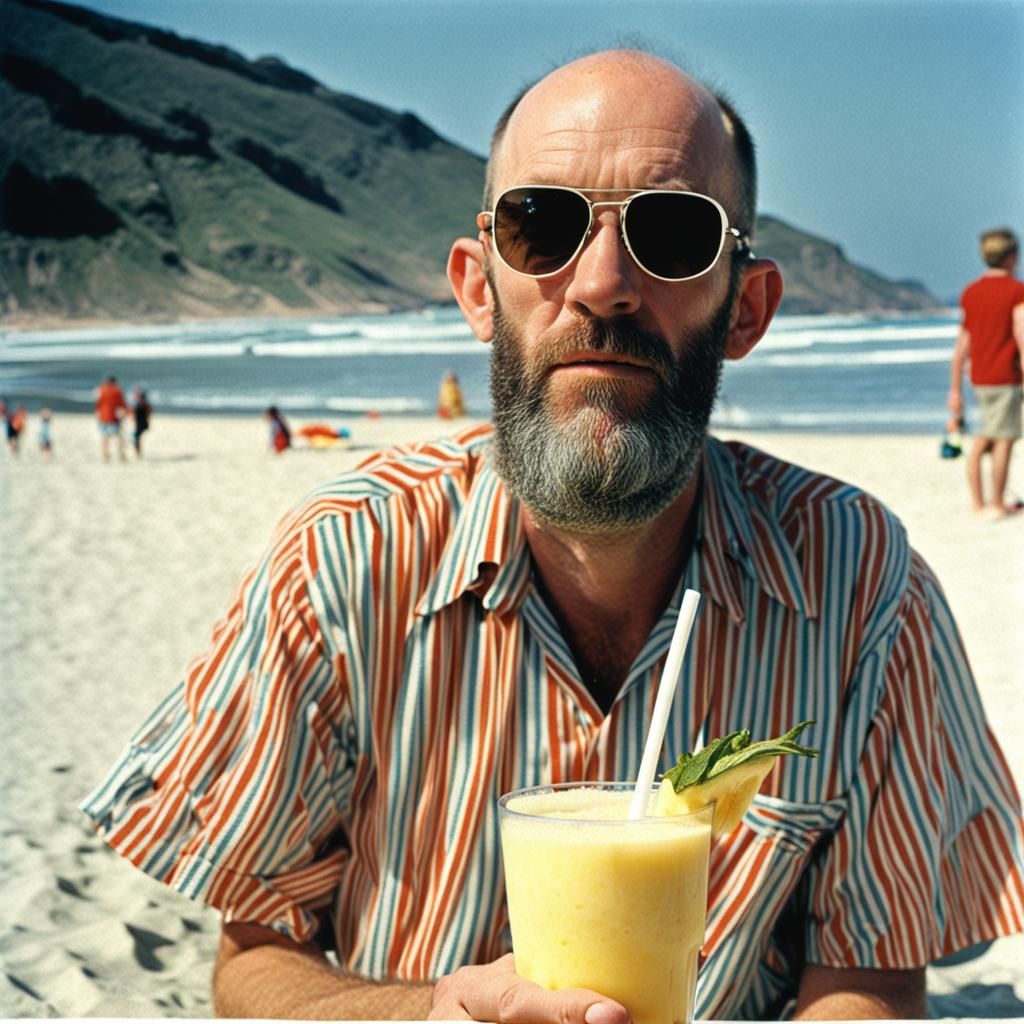 Young Man Enjoys Piña Colada on Sunny Beach