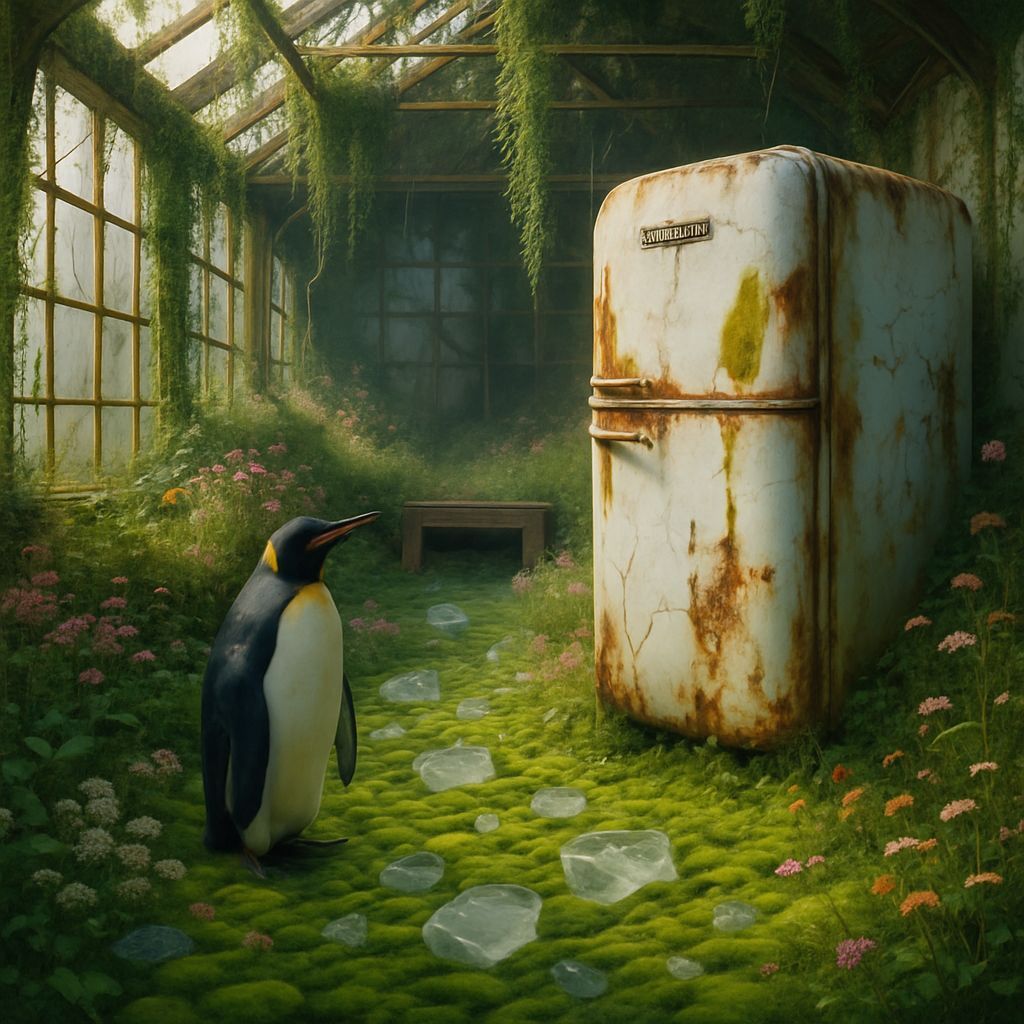 A weathered FREEZER is resting on the moss-covered floor of an overgrown greenhouse, surrounded by tangled vines, bloomi...