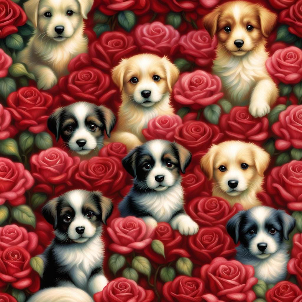 Puppies on Roses in Iridescent Twilight