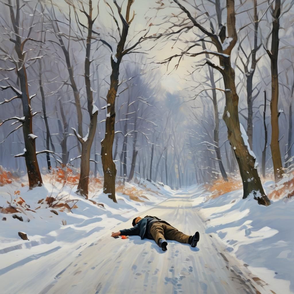 Man on Snowy Road: Impressionist Oil Painting