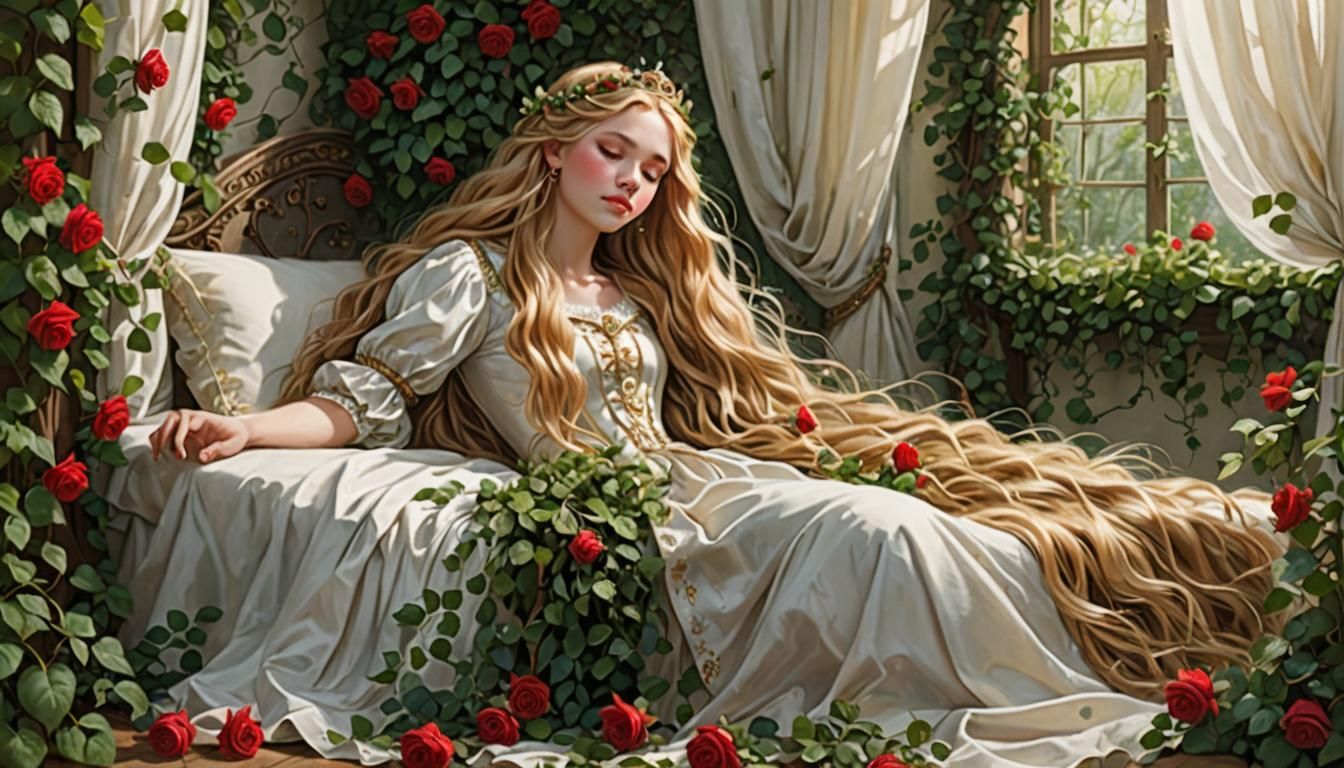 Sleeping Princess in Forest with Golden Hair