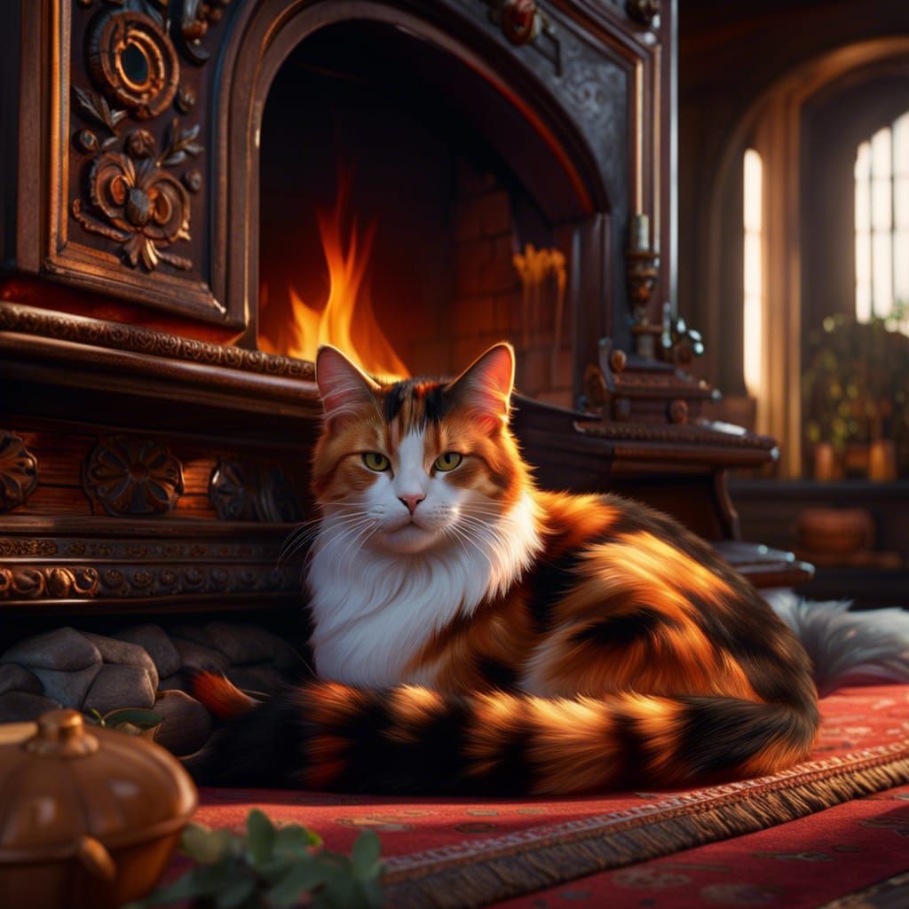 Calico Cat Sleeps: Detailed Matte Painting in 8K
