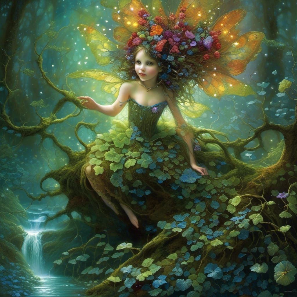 Fairy in Enchanted Forest with Bioluminescent Wings