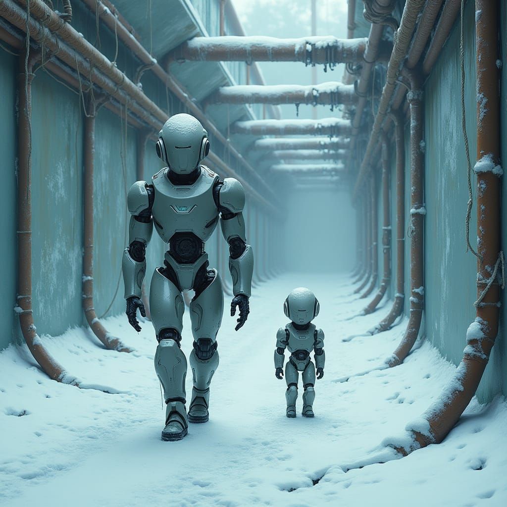 Gray Robot Walks Through Futuristic Ice Tunnel