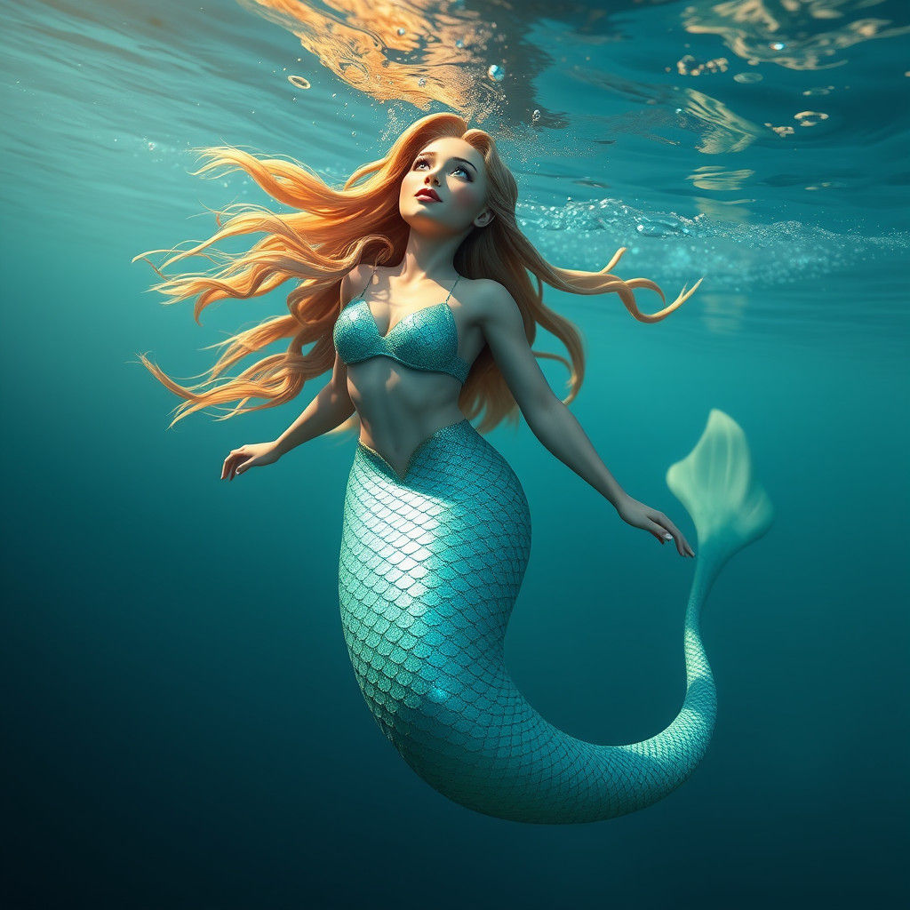 Teal Mermaid in Shimmering Ocean Depths