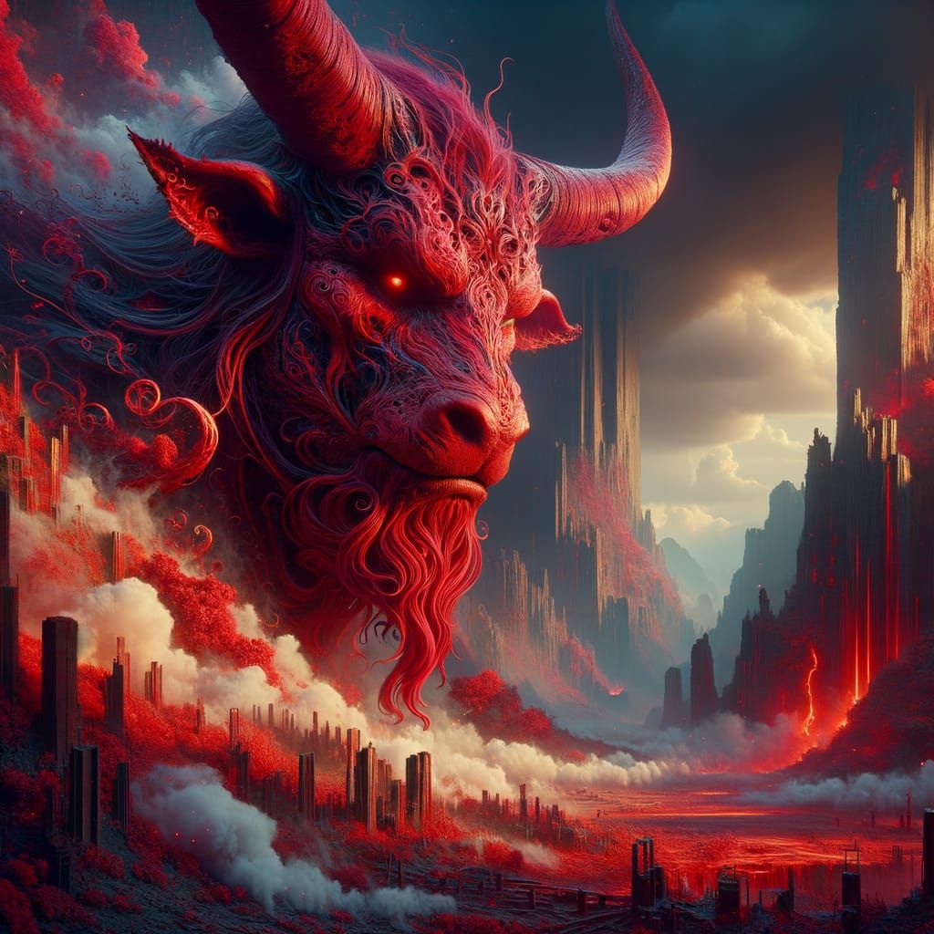 Intricate Red Cattle Demon in Fantasy Concept Art