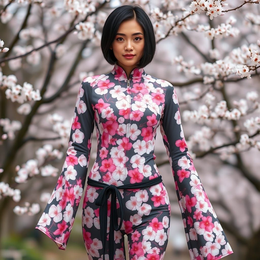 Woman Formed Entirely of Sakura Petals in Full Body View