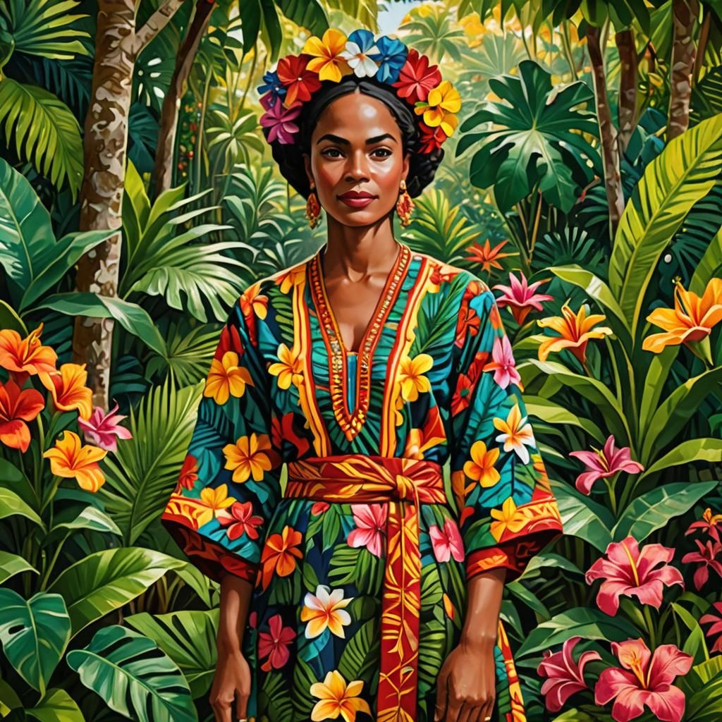 Creole Woman in Seychelles Garden: Folk Art Style