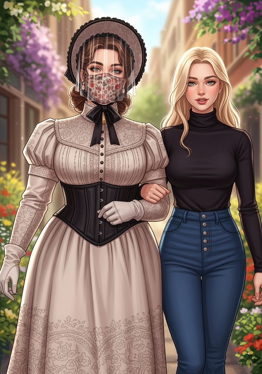 Victorian Woman and Friend in Sunlit City, Impressionist Sty...