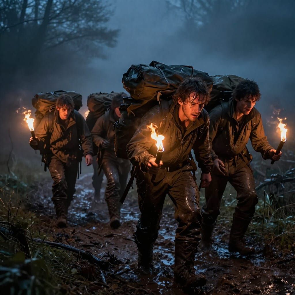 Explorers Trek Through Muddy Trail in Eerie Night Fantasy Ar...