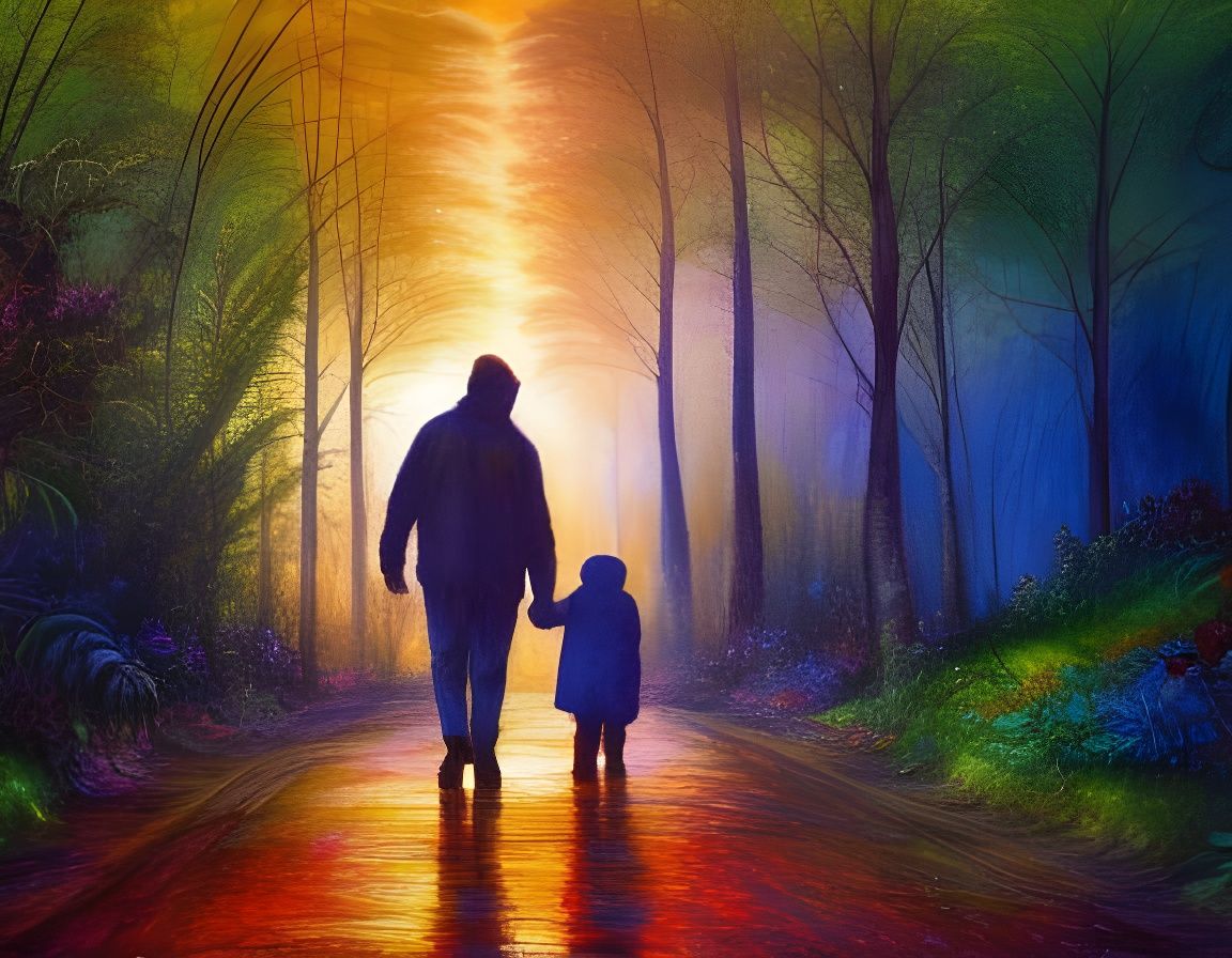 Father and Child in Forest: Watercolor Painting
