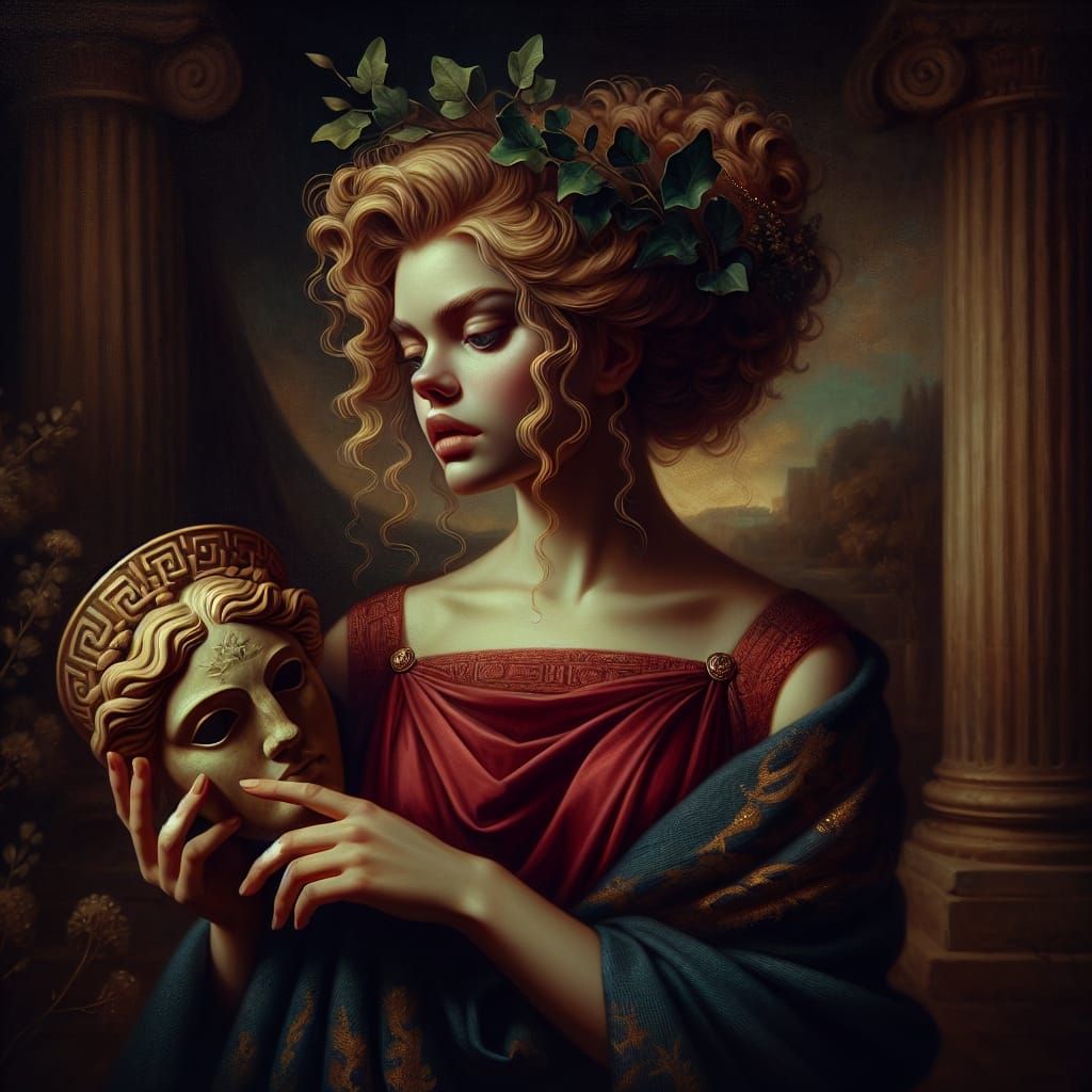 Melancholy Muse in Ancient Villa, Tragedy Mask