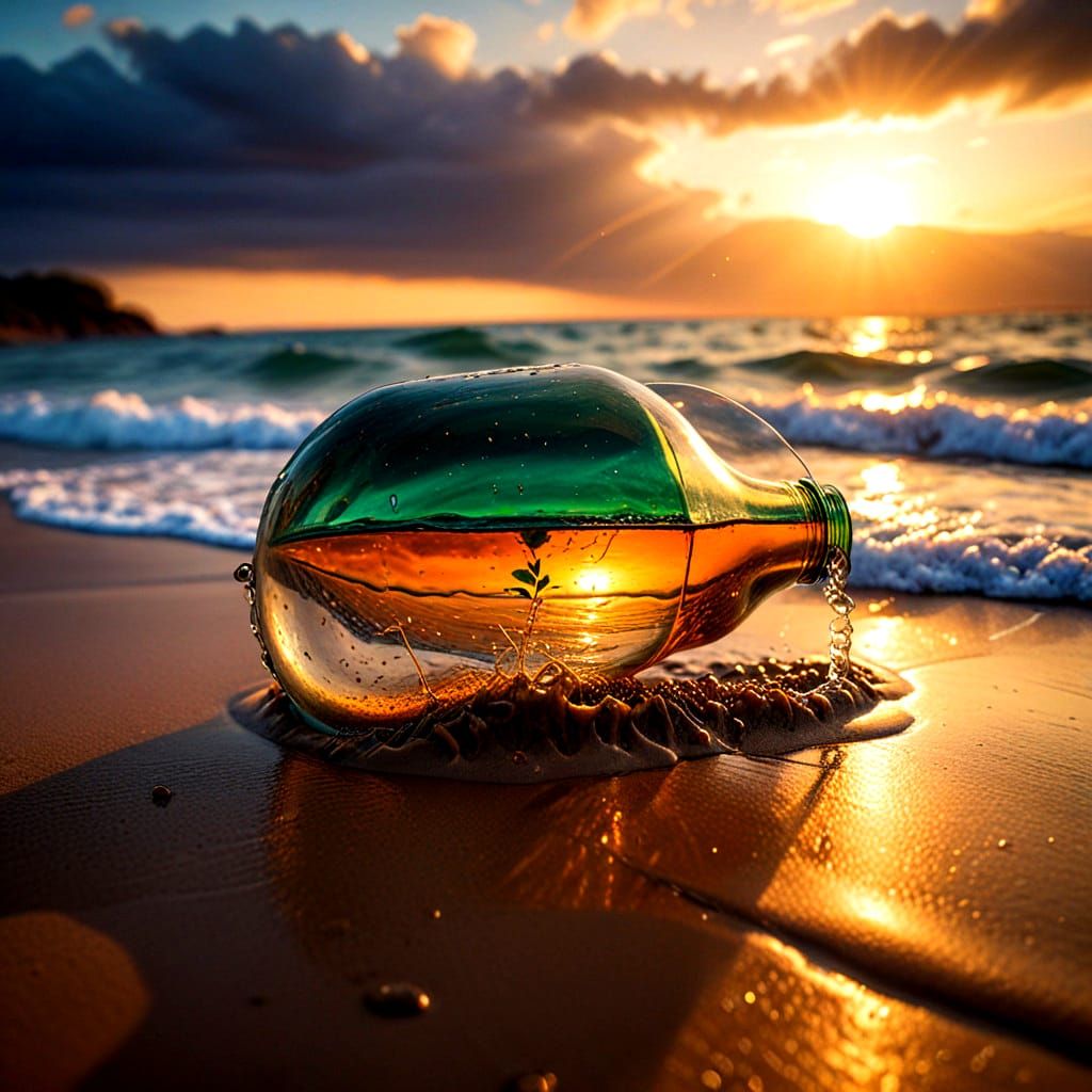 Sunset Scene in a Bottle: Moody Waters and Deserted Beach