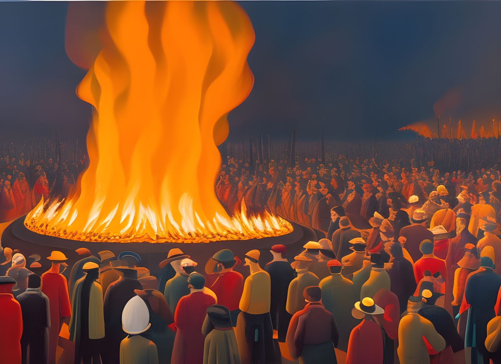 Crowd Around Fire Gouache Painting